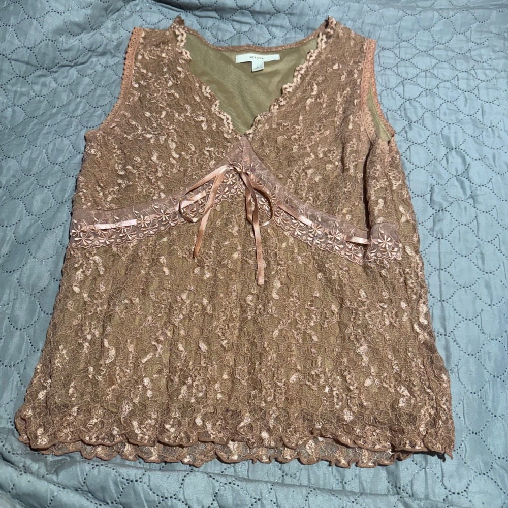Merona Lace Sleeveless Top Rose Gold Sequin Empire Waist Bow V-Neck Fairy Large
